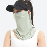 
                  
                    Full spectrum sun protection face mask breathable mesh - mint ice-silk face mask with black brim on women, worn front view
                  
                