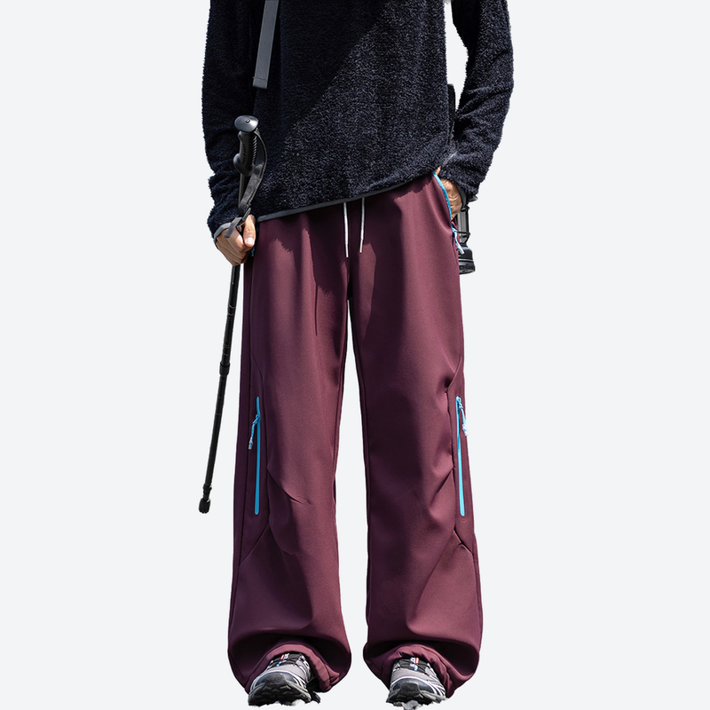Breathable warm trail pants with soft fleece lining - plum fleece-lined hiking pants with black fleece top
