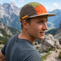 
                  
                    Fast dry five panel cap with color block - olive and orange color block cap on men, for trail running and outdoor workouts
                  
                