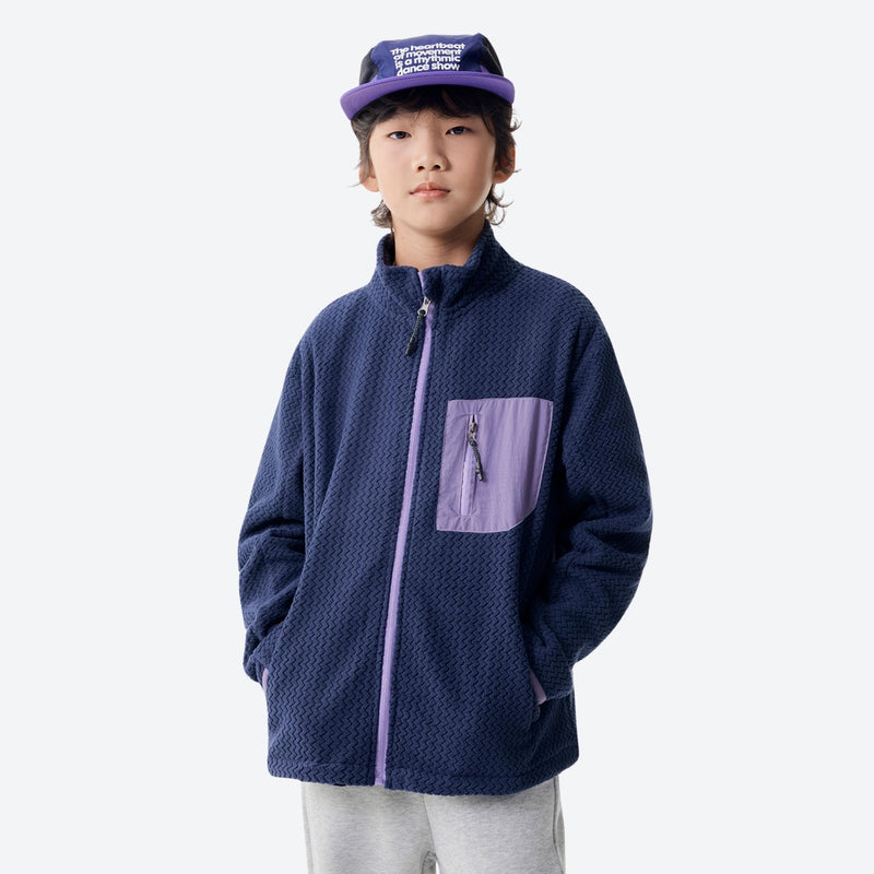 Kids' wrinkle-resistant heat-lock fleece jacket - navy wavy fleece kids mid-layer jacket with purple pocket and cap