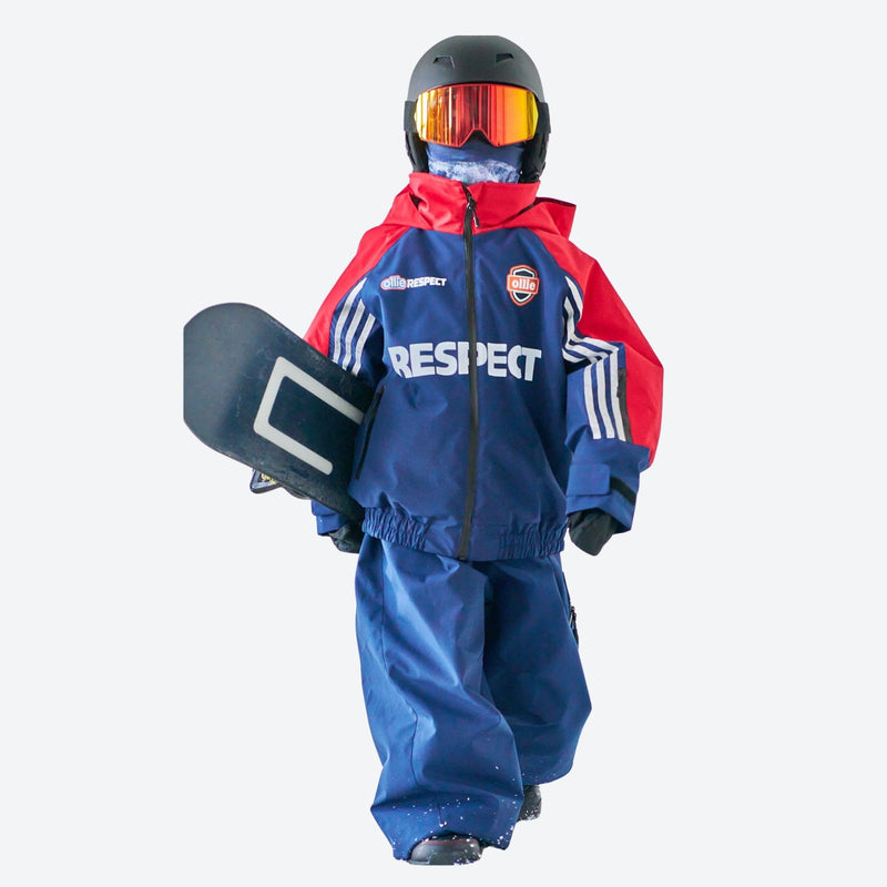 Kids breathable retro print ski set - blue red colorblock kids jacket with blue pants, for family resort trips