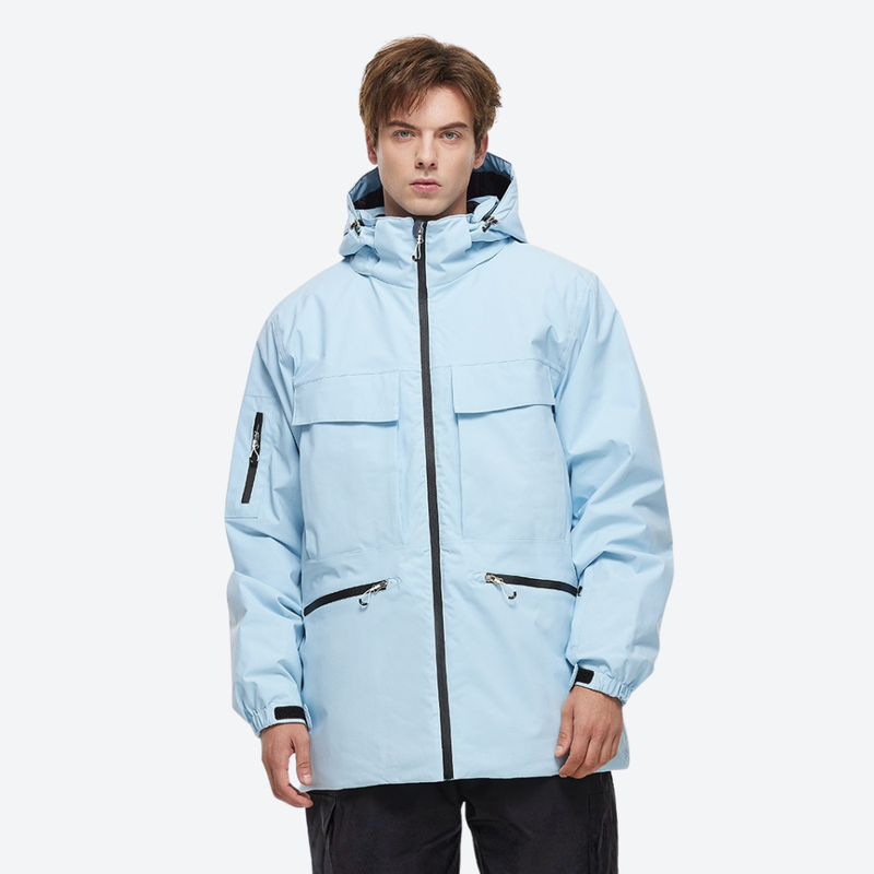 Men's 2-layer snowboard jacket and pants - ice blue jacket, on-model front view, for skiing and snowboarding