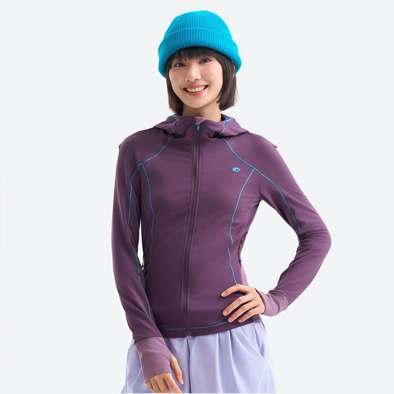 Women's slim UPF50 sun protection jacket - purple slim fit sun jacket on women with blue beanie, for hiking and trail walking