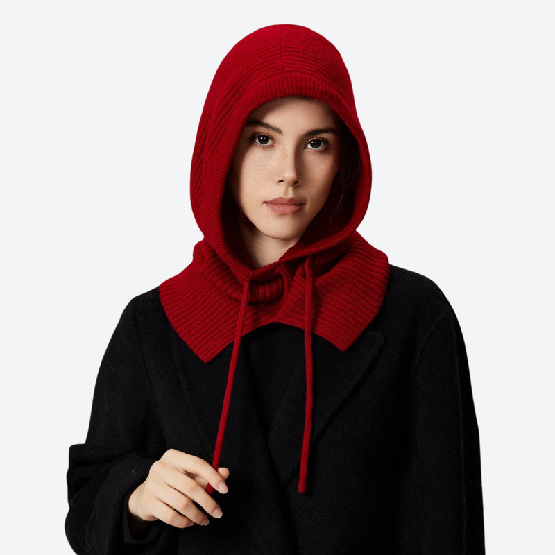 Fine 18.5 micron merino wool hooded neck warmer - red knitted merino wool balaclava, for hiking and trail walking