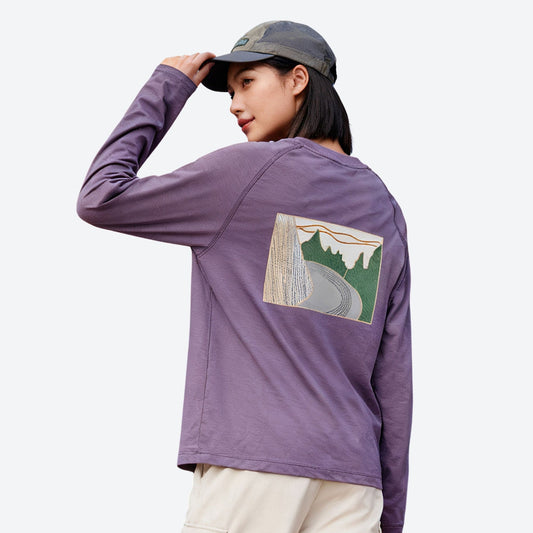 Women's breathable merino wool long-sleeve with back graphic - purple merino wool baselayer long-sleeve with mountain graphic
