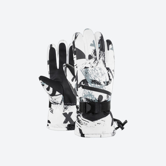 Colorful print ski gloves with leather palm - printed snow gloves pair, white black print pair view, for snow sports weekends
