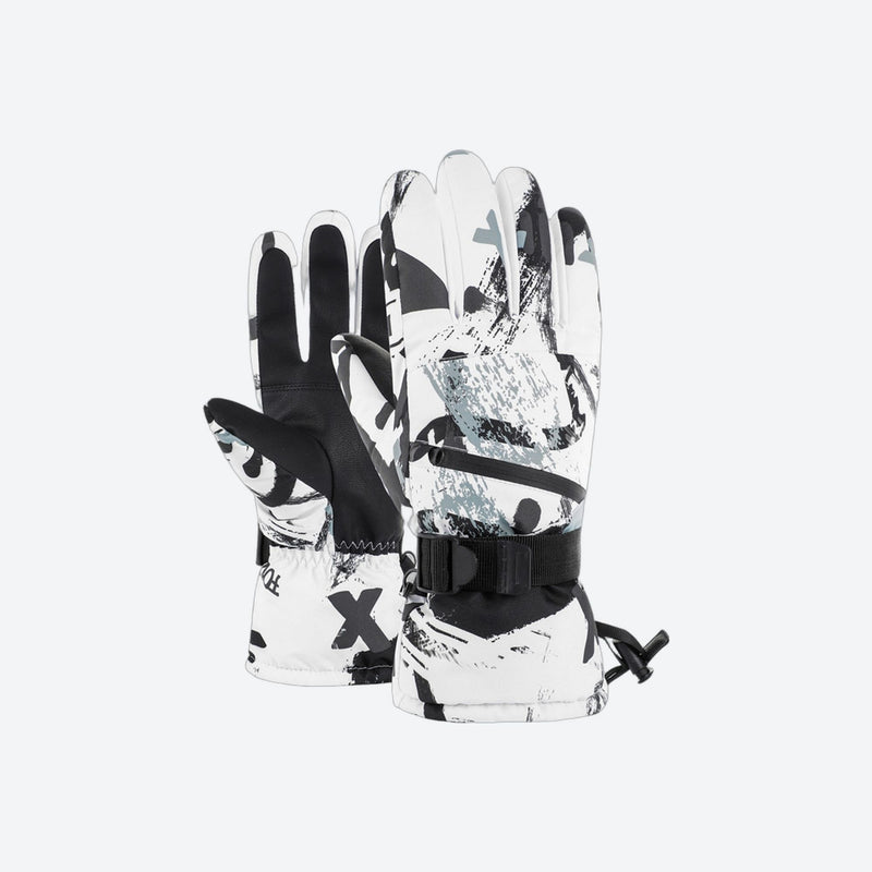 Colorful print ski gloves with leather palm - printed snow gloves pair, white black print pair view, for snow sports weekends