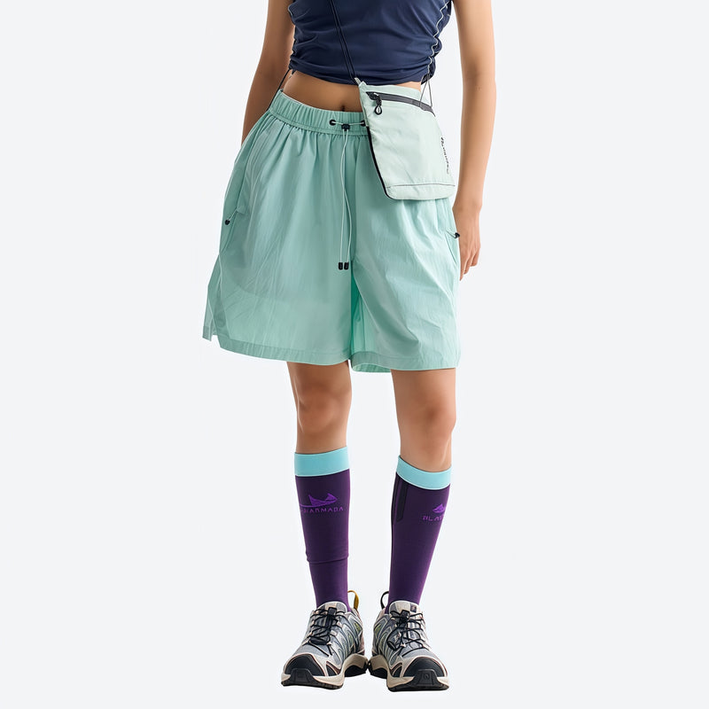 Breathable lightweight trail shorts - mint green quick-dry shorts with waist pouch, for travel and city walks