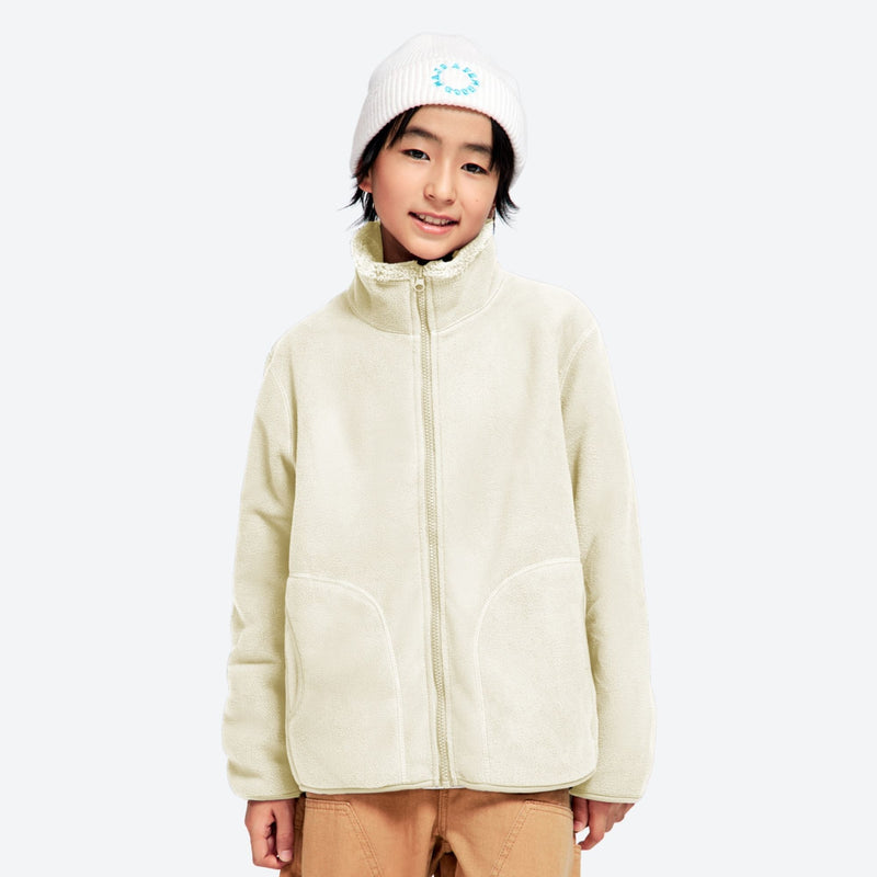 Kids' structured warmth fleece jacket with full zip - cream kids fleece jacket with stand collar and beanie
