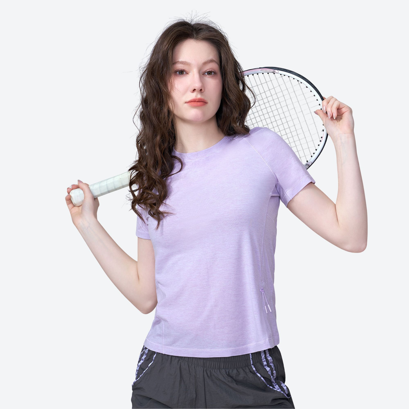 Women's seamless merino wool base layer top - lavender merino wool quick-dry tee, for running and outdoor workouts