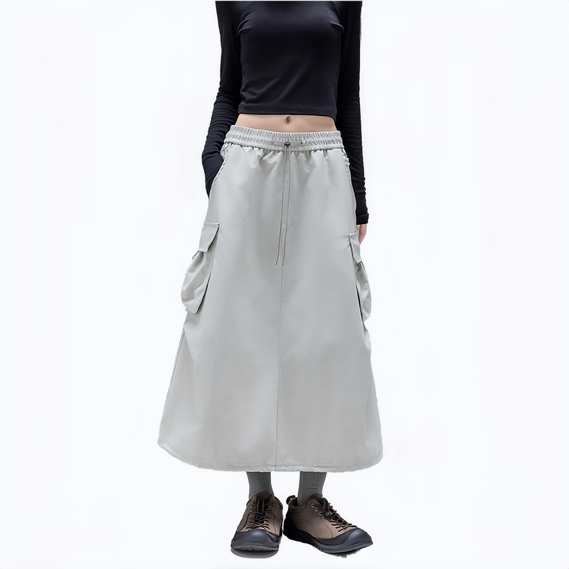 Cargo pocket outdoor long skirt for women - light gray cargo long skirt on women, for travel and city walks