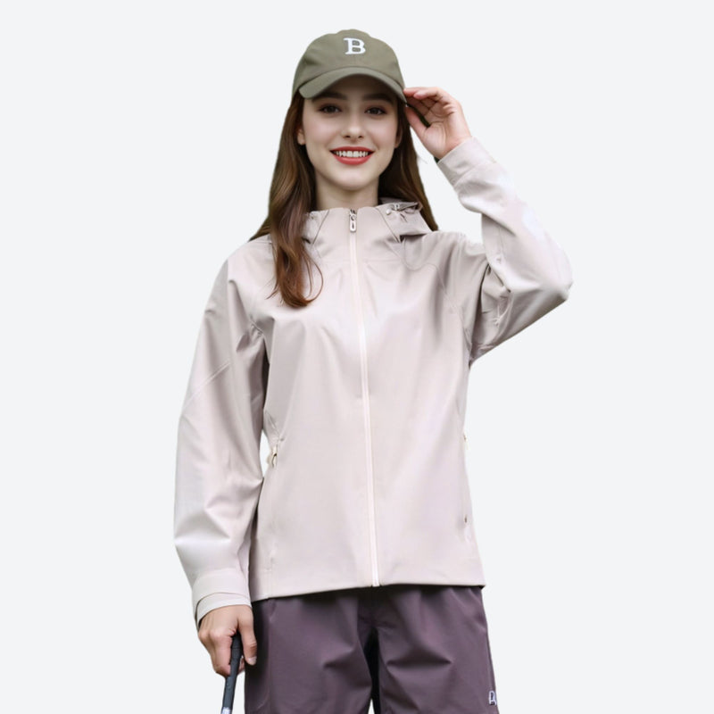 Women's breathable 3-layer shell with waist cinching fit - cream hardshell jacket, for travel and daily commute