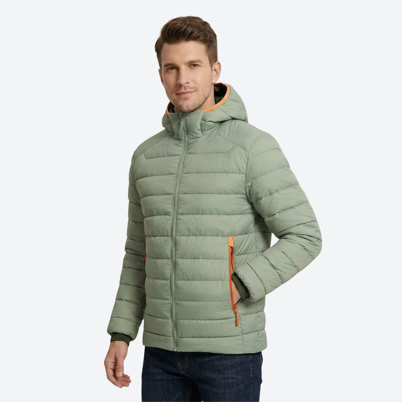 Warm water-repellent down layers for cold days - sage green hooded down jacket on men, for layering in cold weather