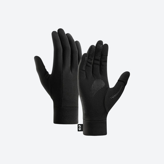 Moisture wicking liner gloves for layering - black antibacterial glove liner, pair front view, for hiking and trail walking