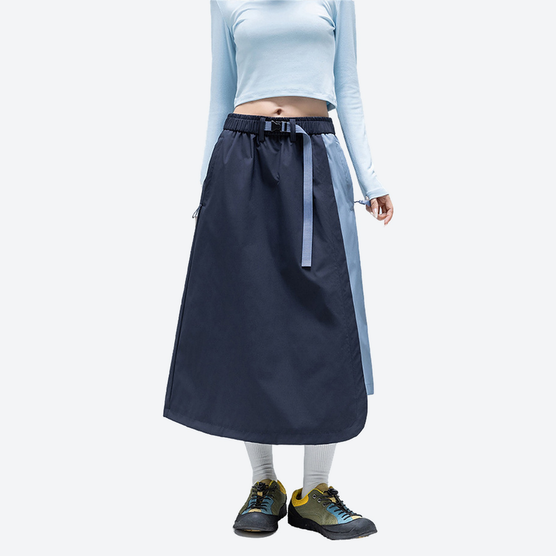 Color-block outdoor long skirt with drawstring waist - navy light blue color-block long skirt on women, front standing view