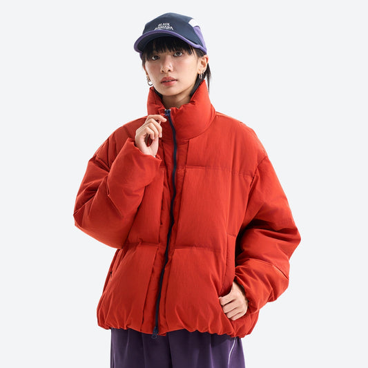 Boxy insulated down jacket with stand collar - red windproof stand-collar down jacket on women with cap