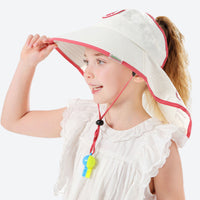 
                  
                    Kids wide brim sun hat with whistle drawstring - white kids sun hat with pink trim on girl, for camping and outdoor weekends
                  
                