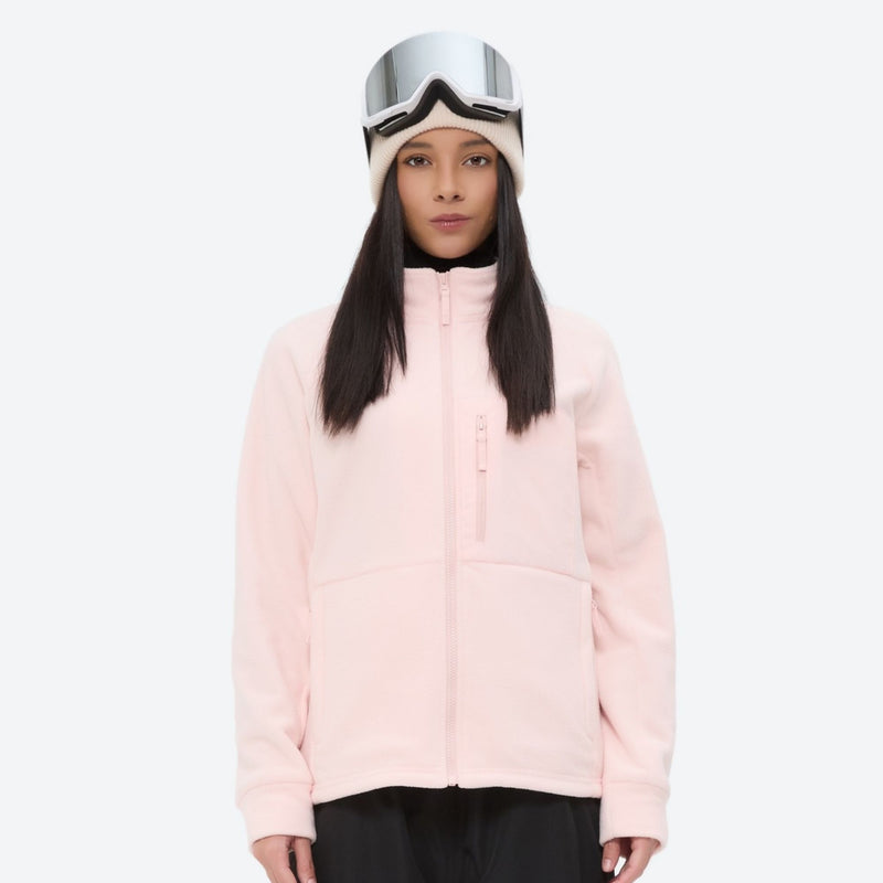 Breathable quick-dry fleece liner for layering - pink fleece liner jacket on women with goggles and beanie
