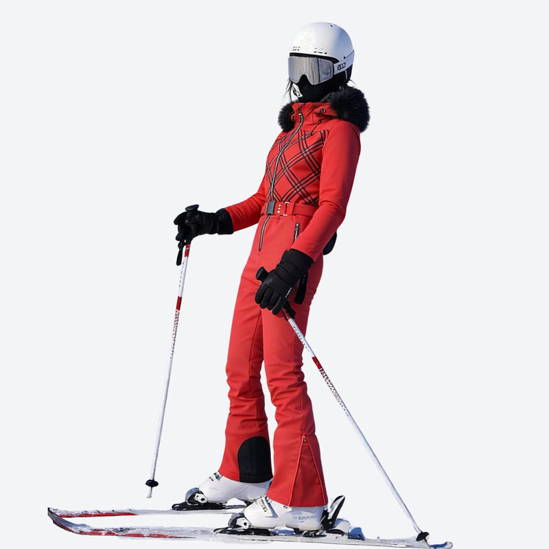 Women's check pattern one-piece snowboard suit - red one-piece snow suit, for powder and piste riding