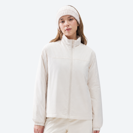 Seamless-bonded lightweight down jacket with eggshell fabric - cream ultralight water-repellent down jacket on women with hea