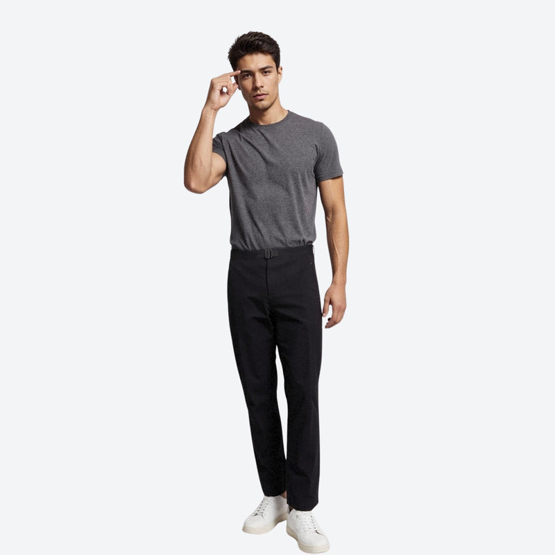 Men's stretch trail pants with straight leg - black slim hiking pants with gray tee, for travel and daily commute