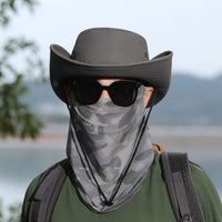 
                  
                    Camo sun face mask with ear cord full coverage - gray camo full wrap upf50 face mask on men with cowboy hat, worn front view
                  
                