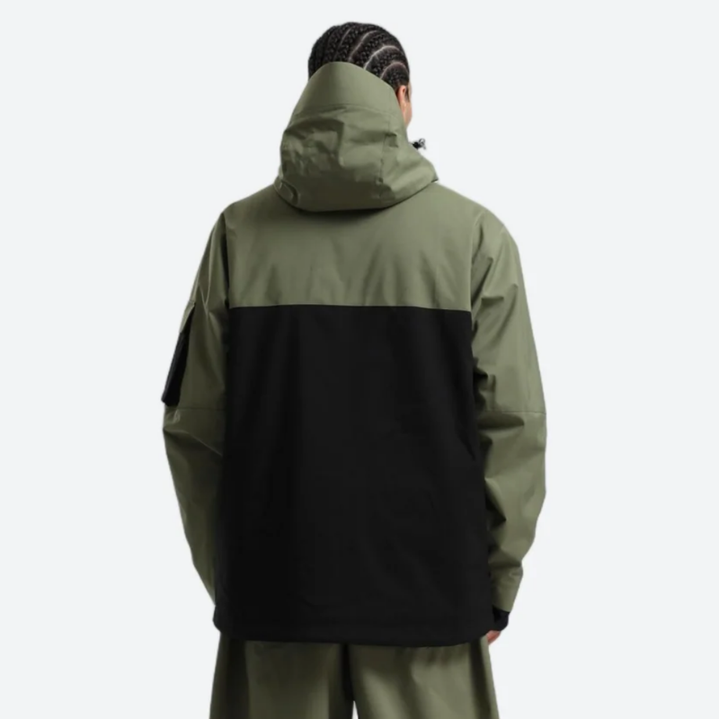 Men's waterproof 2L snow jacket and pants - olive green and black colorblock, for powder days and winter commute