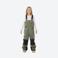 
                  
                    Youth 3-layer ski suit with bib pants - olive bib pants with black knee patches, for kids skiing and snowboarding
                  
                