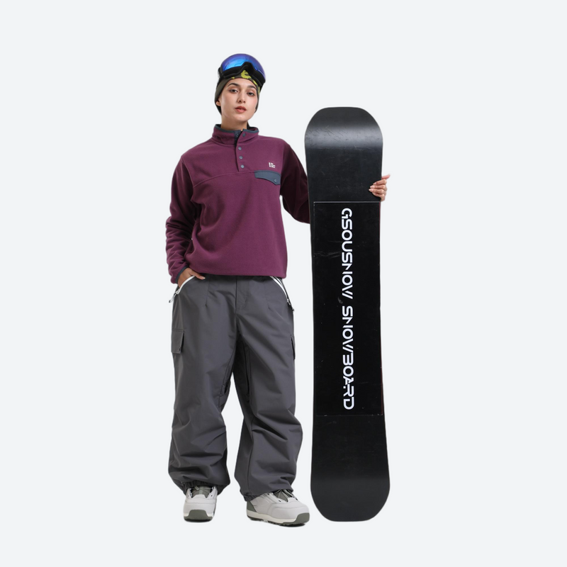 3-layer snowboard cargo pants - gray snow pants with purple pullover, for powder days and winter commute