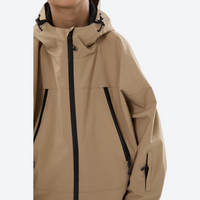 
                  
                    Kids breathable snowboard jacket and bib pants set - tan jacket with black pants, for family resort ski days
                  
                