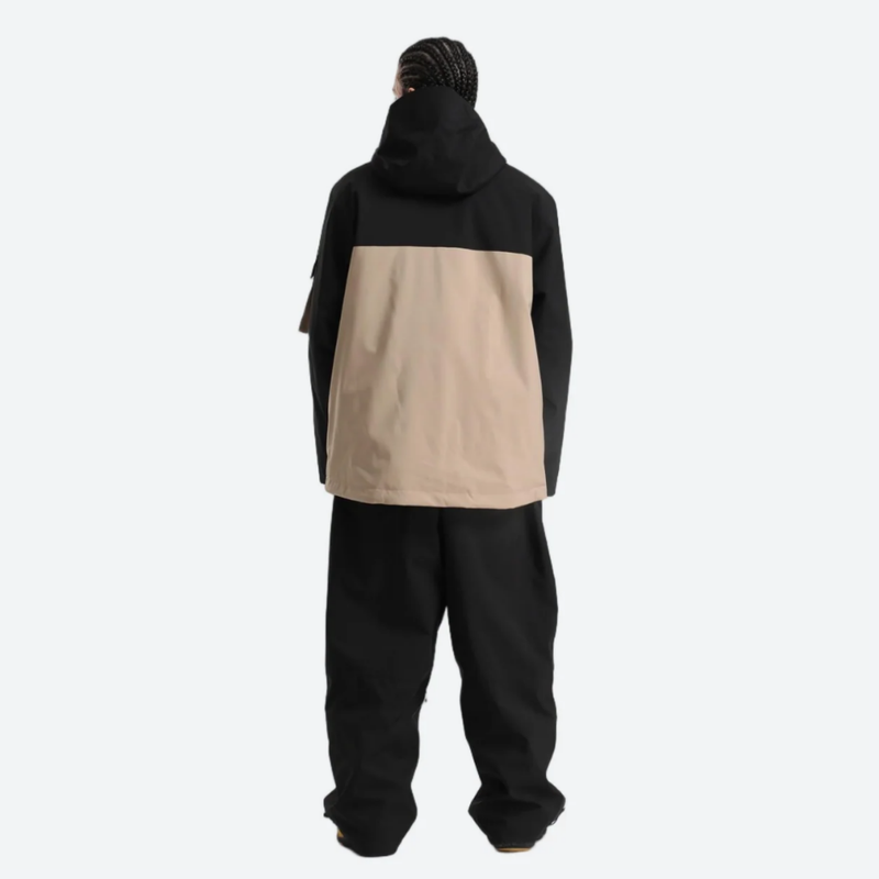 Women's breathable 2-layer snowboard jacket and pants - black and tan colorblock jacket with black pants