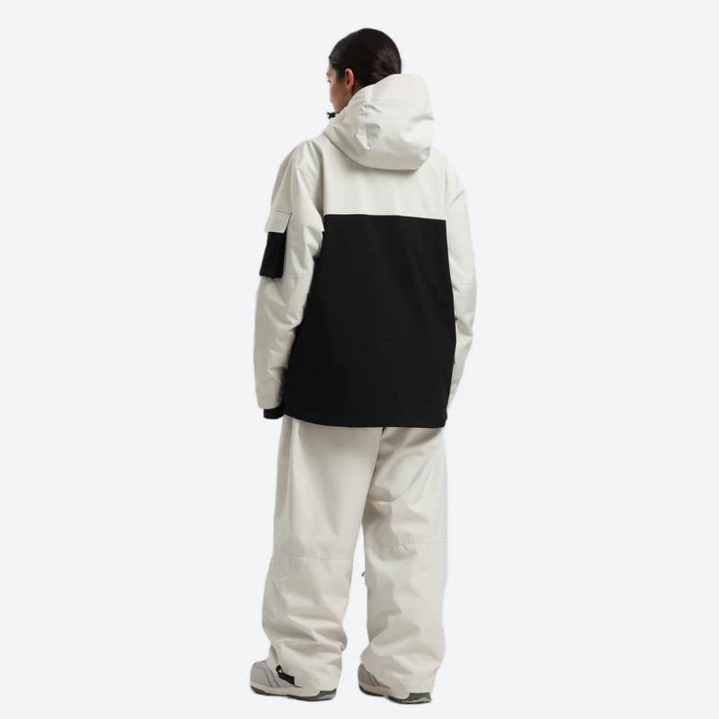 Women's breathable 2-layer snowboard jacket and pants - cream and black colorblock jacket with cream pants