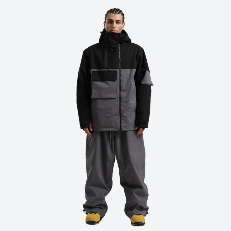 Men's waterproof 2L snow jacket and pants - black and gray colorblock jacket with gray pants, for cold-weather winter sports