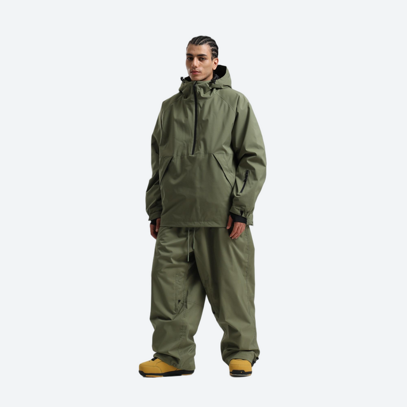 Men's 2-layer snowboard anorak and wide-leg pants - olive green jacket with olive pants, for skiing and snowboarding
