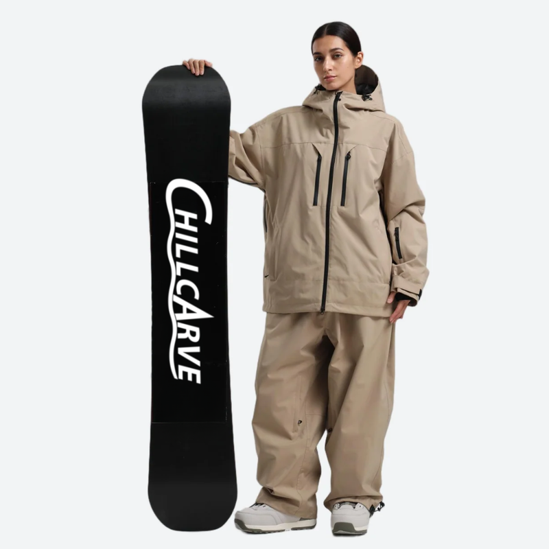 Women's waterproof 2L snow jacket and pants - tan jacket with tan pants, for cold-weather winter sports