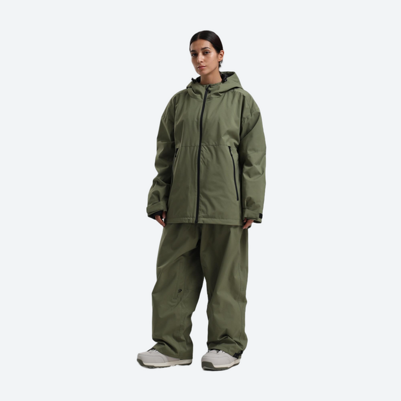Women's 2-layer snowboard jacket and pants - sage green jacket with sage pants, for powder days and winter commute