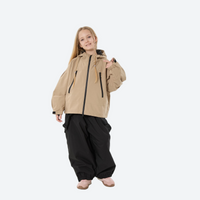 
                  
                    Youth 3-layer ski suit with bib pants - tan jacket with black pants, for cold-weather winter outdoor fun
                  
                