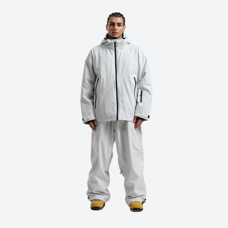 Men's waterproof 2L snow jacket and pants - light gray jacket with light gray pants, for skiing and snowboarding