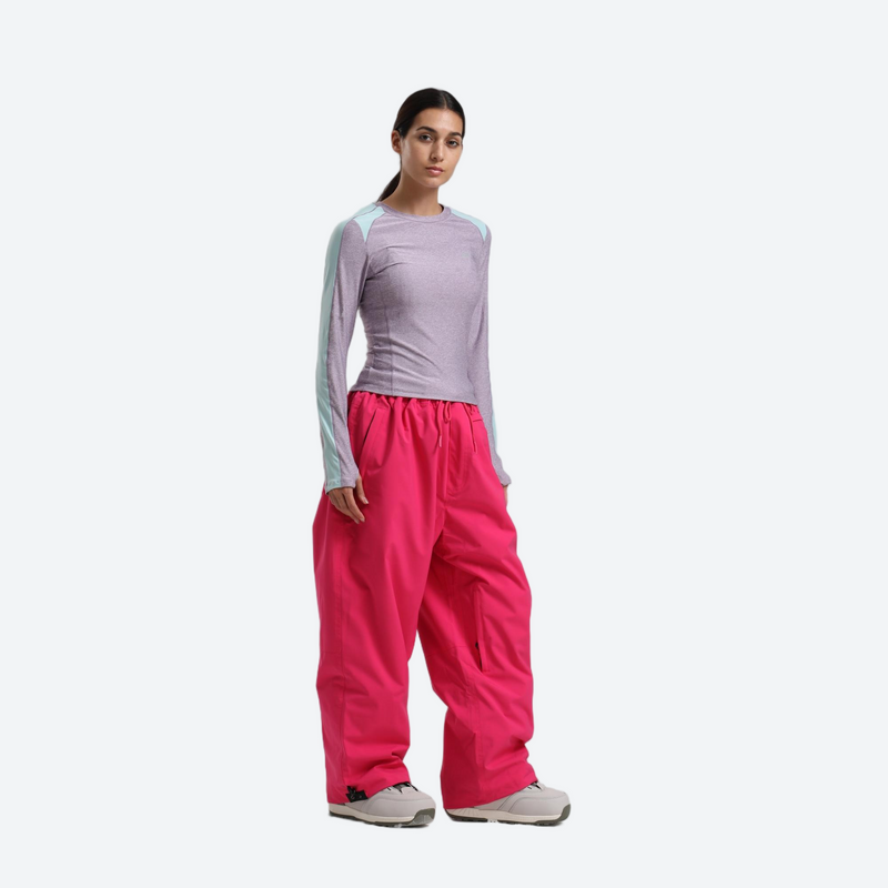 Women's waterproof 2L snow jacket and pants - lavender base layer top with rose red snow pants, for resort and street wear