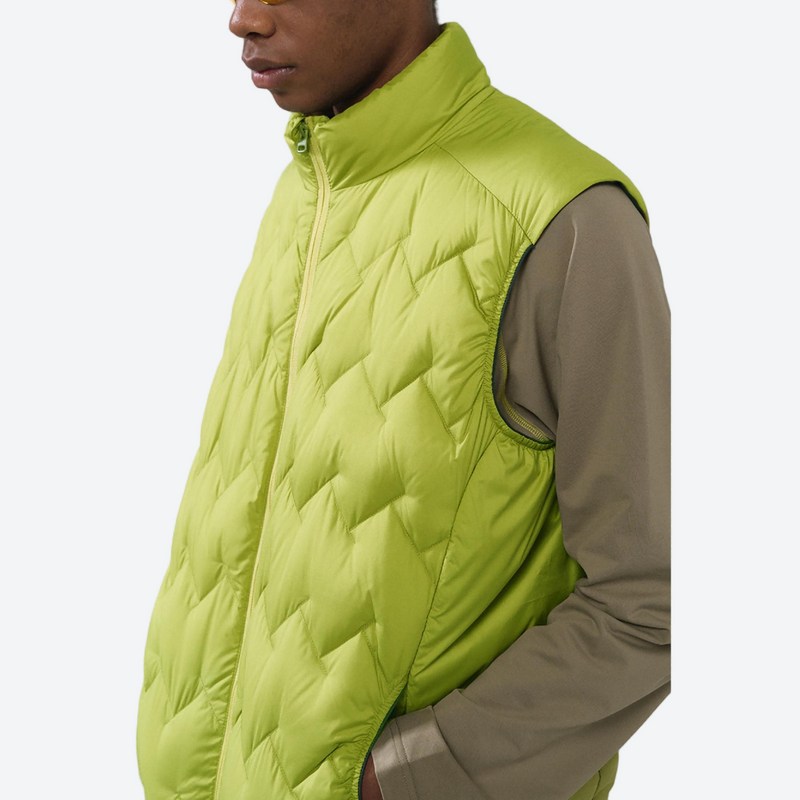 Ultralight water-repellent down series for men and women - lime green ultralight down vest on men with patterned beanie