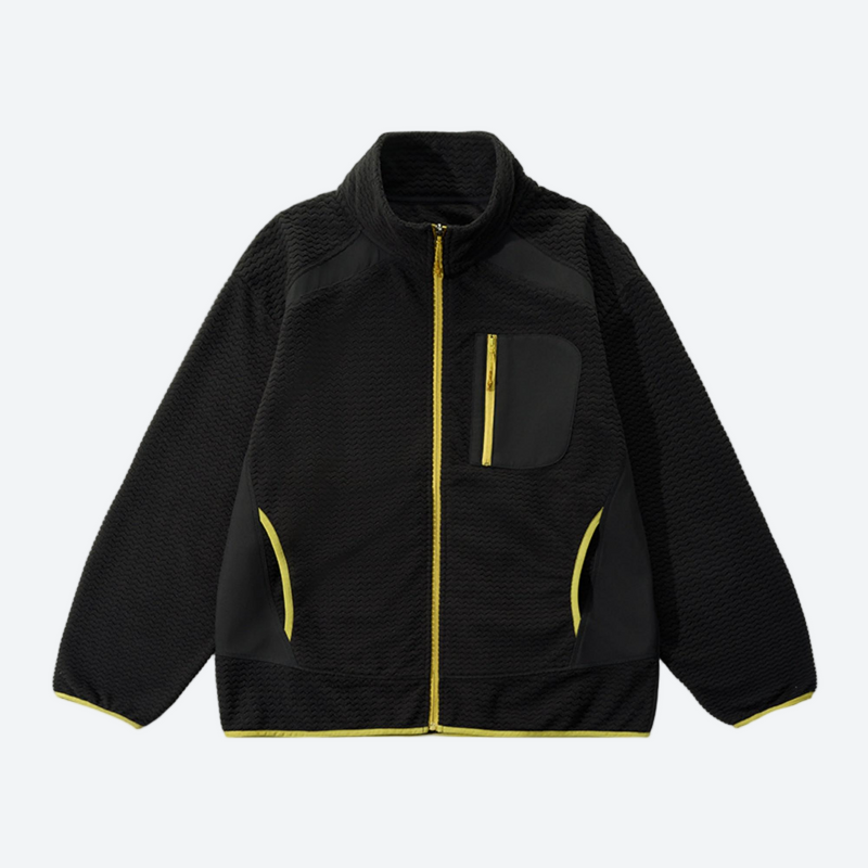 Warm textured fleece jacket with contrast zip - black honeycomb fleece jacket with yellow zip, for travel and daily commute