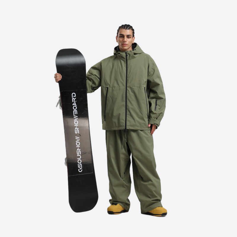 Men's 2-layer snowboard jacket and pants set - olive green jacket with olive pants, for powder days and winter commute