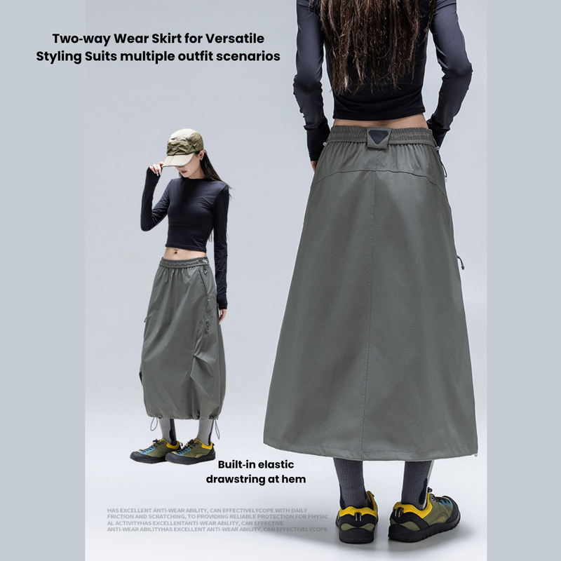 Outdoor long skirt with side zip pockets - gray green water-repellent long skirt, for hiking and trail walking