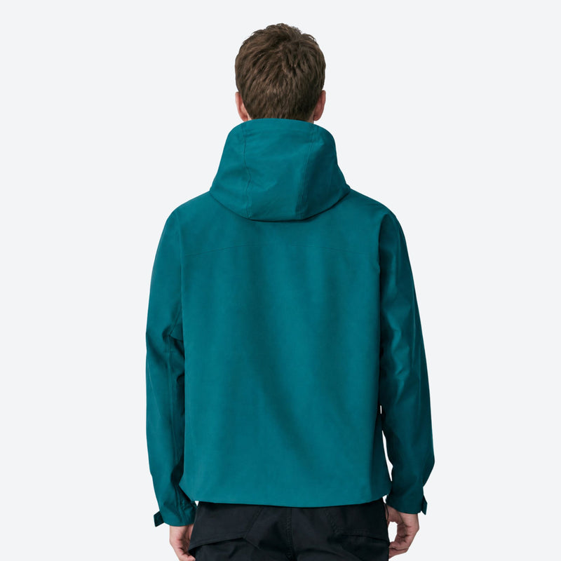 Unisex packable snowboard rain jacket with vents - teal hardshell jacket, on-model back view, for cold-weather outdoor wear