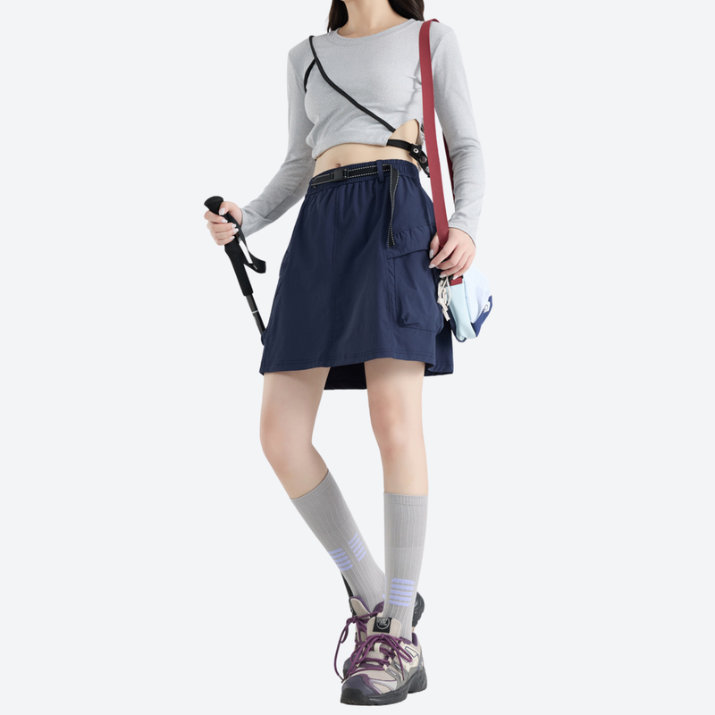 Women's cargo skort with elastic waistband - navy cargo skort with built-in shorts, for hiking and trail walking