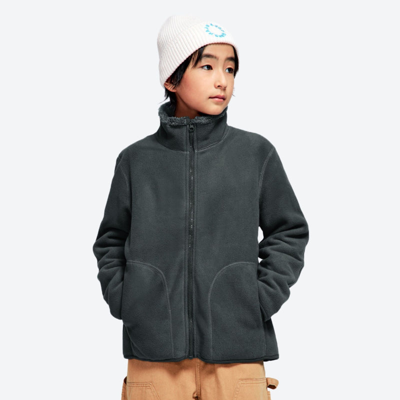 Kids' soft warm fleece jacket with hand pockets - dark gray kids fleece jacket with stand collar and beanie