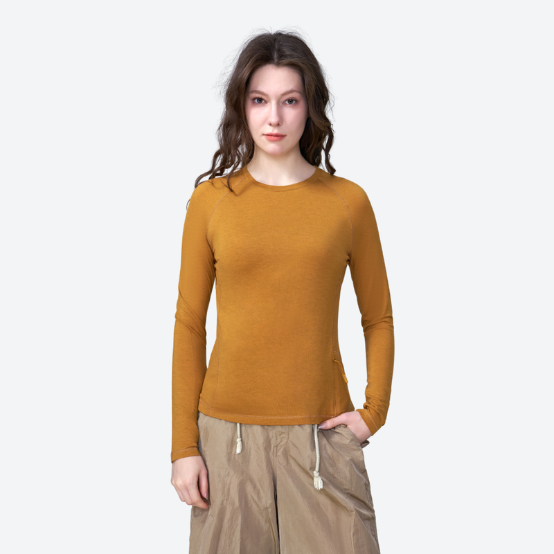 Women's merino wool quick-dry tee with side pocket - mustard merino wool quick-dry long-sleeve
