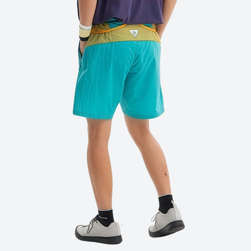 Unisex water-repellent quick-dry shorts - teal water-repellent shorts with purple tee, for camping and outdoor weekends