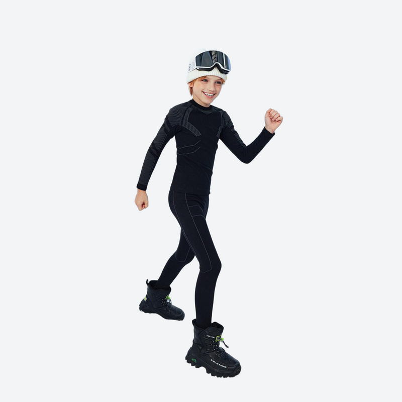 Kids' breathable pure merino wool top and pants set - black kids merino wool base layer suit with goggles cap and boots