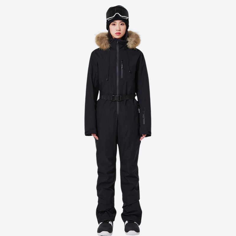 Women's breathable 3-layer jumpsuit with fur hood - black one-piece snow suit with fur hood, for skiing and snowboarding